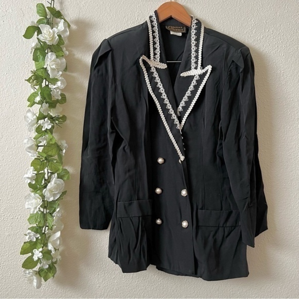 Vintage 80s Positive Influence Black Lace Contrast Double Breasted Blazer Jacket